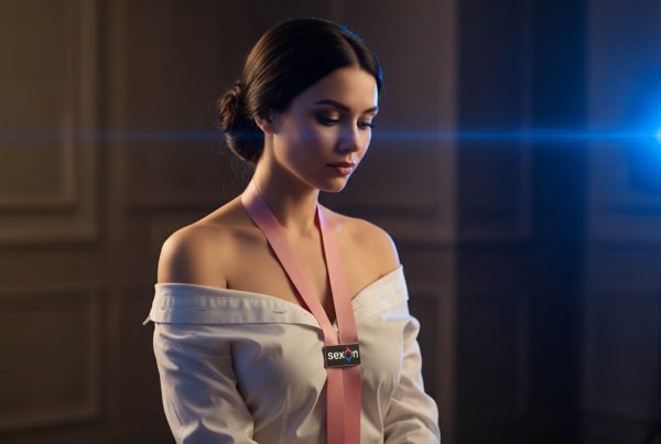Sumisión consciente: mujer dominante elegante en ambiente editorial rosa y azul — Sexon