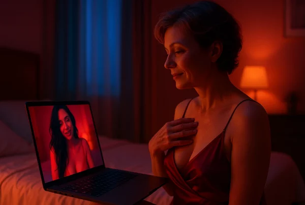 Pareja adulta en una videollamada íntima, con luz tenue y tonos azul-rosados, simbolizando privacidad y deseo real en una experiencia erótica sin censura.