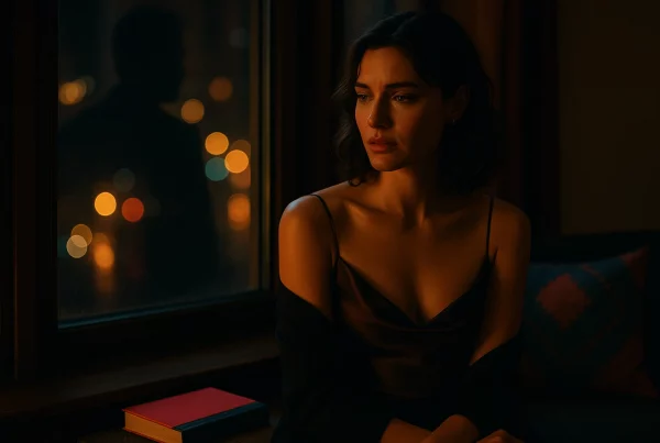 Mujer pensativa y elegante con mirada introspectiva simbolizando los celos y la conexión emocional en una relación Hotwife