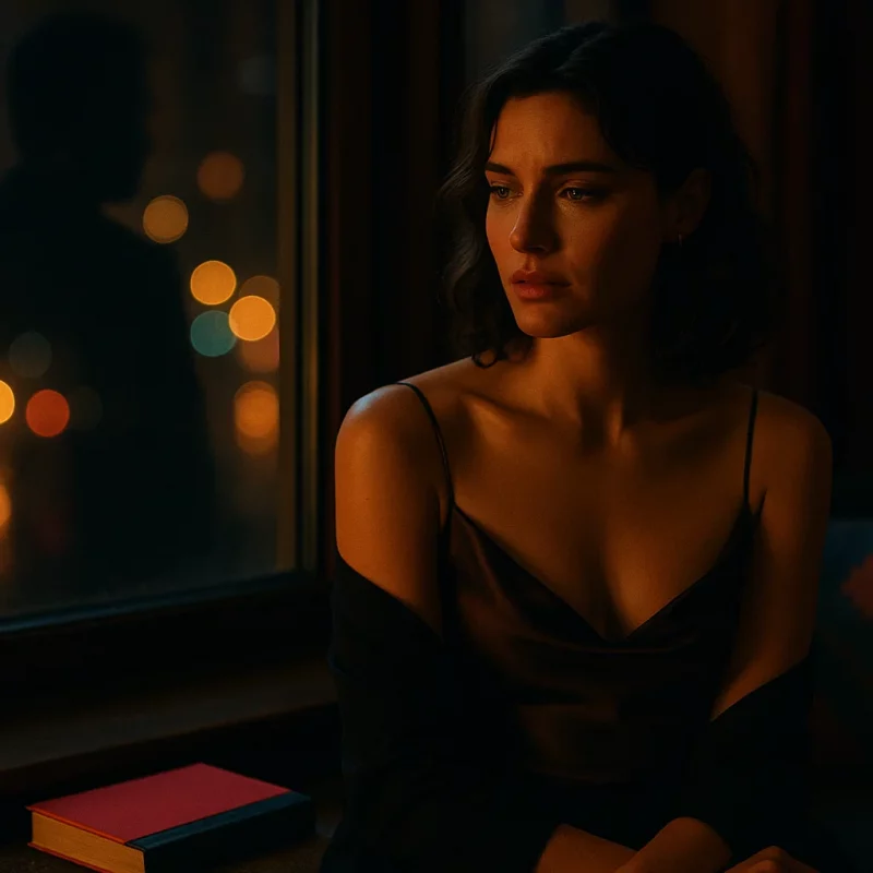 Mujer pensativa y elegante con mirada introspectiva simbolizando los celos y la conexión emocional en una relación Hotwife