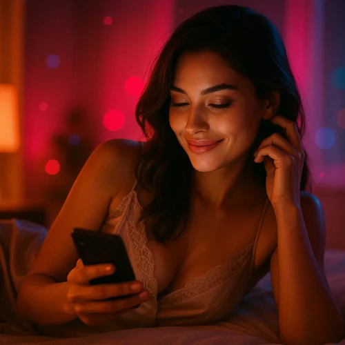 Mujer escribiendo mensajes de sexting real con privacidad y confianza