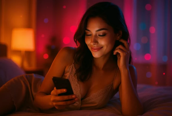 Mujer escribiendo mensajes de sexting real con privacidad y confianza