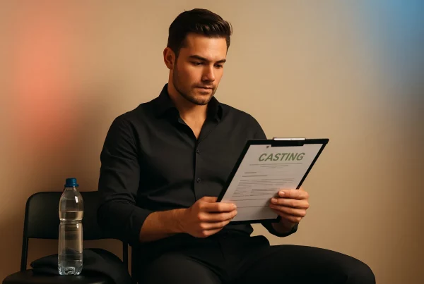 Actor adulto preparando un casting profesional en estudio seguro, con contrato, luz suave y equipo de cámara