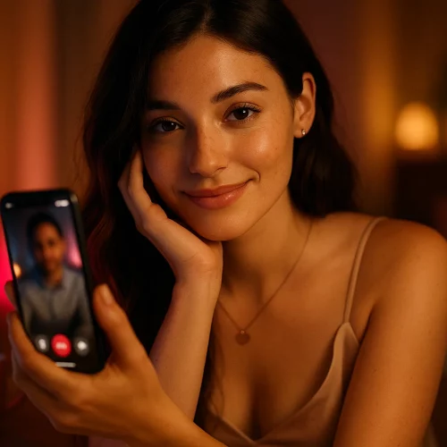 Mujer mirando al móvil en una habitación acogedora, representando una relación GFE o novia virtual