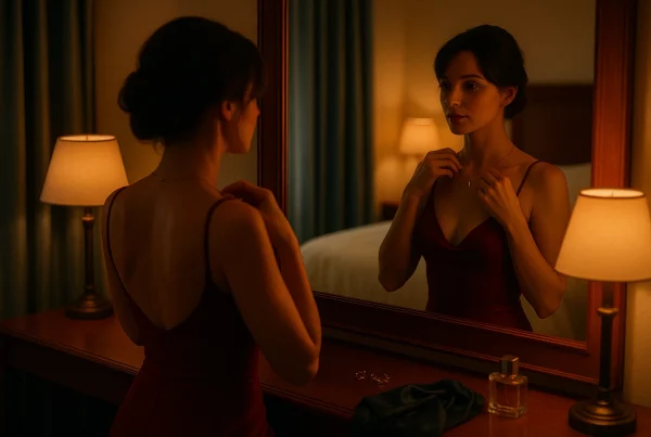 Mujer preparándose con elegancia frente a un espejo antes de su primera cita Hotwife.