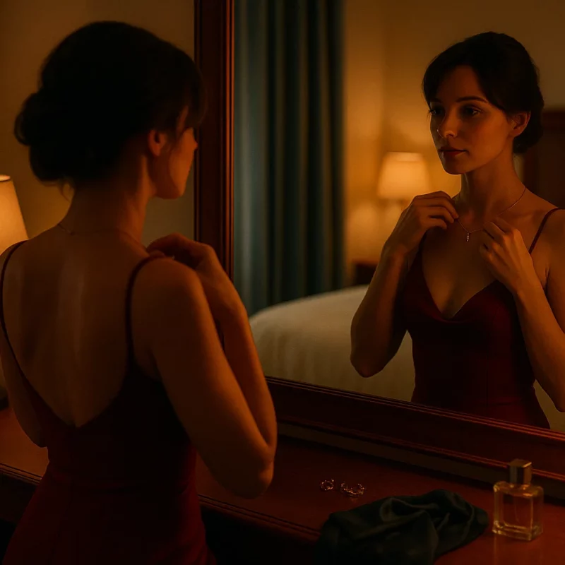 Mujer preparándose con elegancia frente a un espejo antes de su primera cita Hotwife.