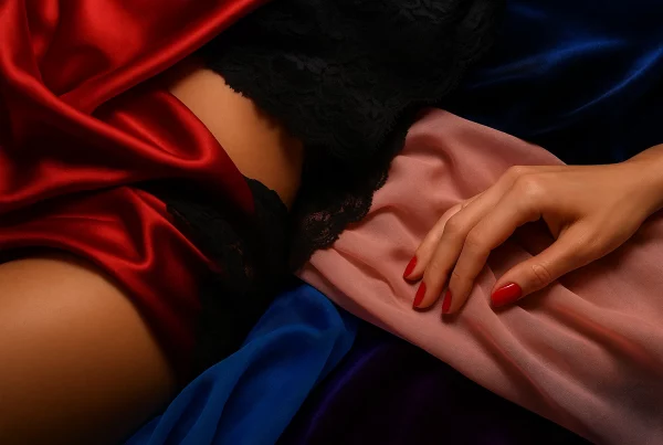 Composición artística de lencería con satén rojo, encaje negro y telas suaves que ilustra la psicología del color en el erotismo y cómo las texturas influyen en el deseo.
