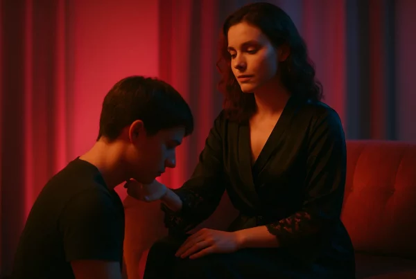 hombre sumiso arrodillado frente a Ama dominante