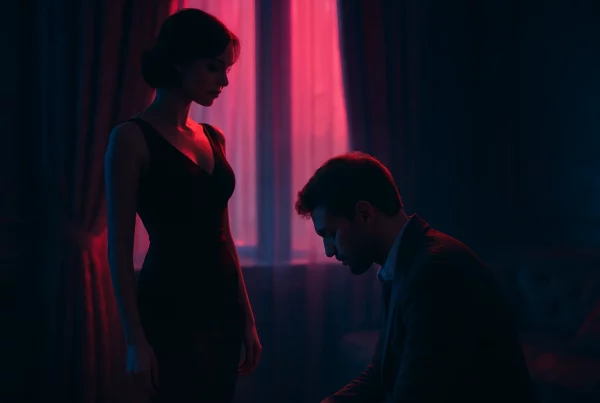 hombre sumiso arrodillado, mirada baja, entrega erótica consciente