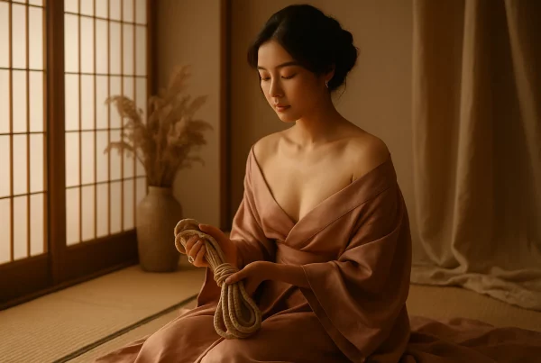 Cuerdas de Shibari atando torso femenino en ambiente artístico