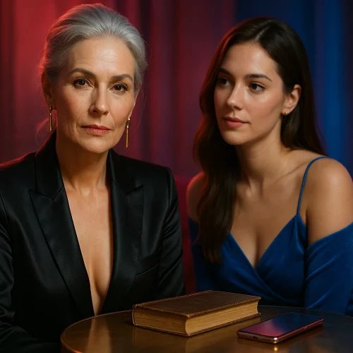 Mujer madura elegante junto a mujer joven adulta en una escena editorial que representa la fantasía intergeneracional, con tonos rosa y azul característicos de Sexon.