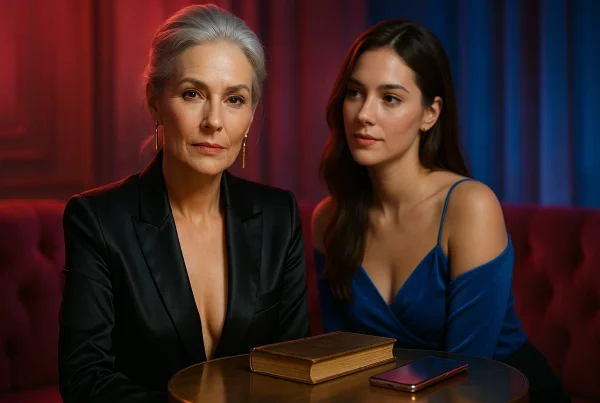 Mujer madura elegante junto a mujer joven adulta en una escena editorial que representa la fantasía intergeneracional, con tonos rosa y azul característicos de Sexon.