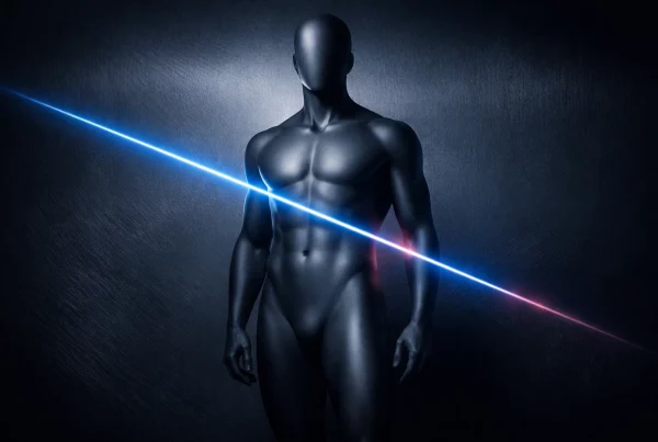 Circuncisión láser beneficios sexuales representados en una imagen tecnológica y estética masculina de alta precisión.