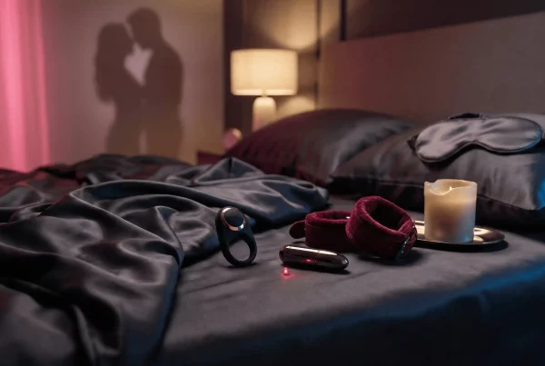 Mejores regalos sexuales para parejas con juguetes eróticos elegantes sobre una cama y sombras de pareja al fondo.