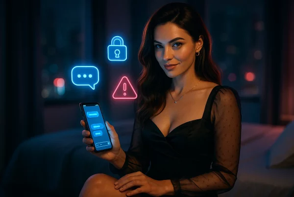 Ilustración conceptual sobre Telegram erótico en 2025, mostrando un móvil con iconos de Telegram y elementos de privacidad, seguridad digital y verificación, representando la guía para acceder a canales reales sin estafas.