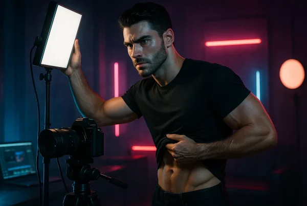 Hombre ajustando luces y cámara en un estudio moderno para grabar contenido profesional