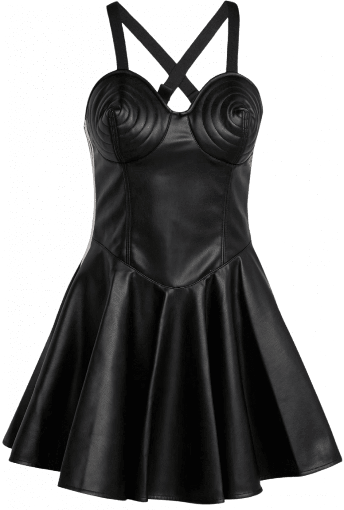 Vestido Adidas x Jeremy Scott de estética fetish moderna, con textura sintética y líneas deportivas reinterpretadas en clave urbana.