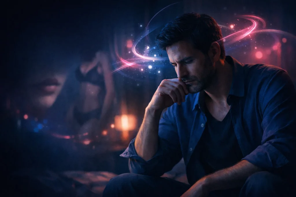 Silueta masculina en perfil con conexiones digitales luminosas representando la psicología de las fantasías sexuales masculinas y el erotismo online.