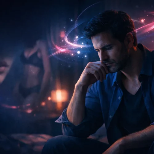 Silueta masculina en perfil con conexiones digitales luminosas representando la psicología de las fantasías sexuales masculinas y el erotismo online.