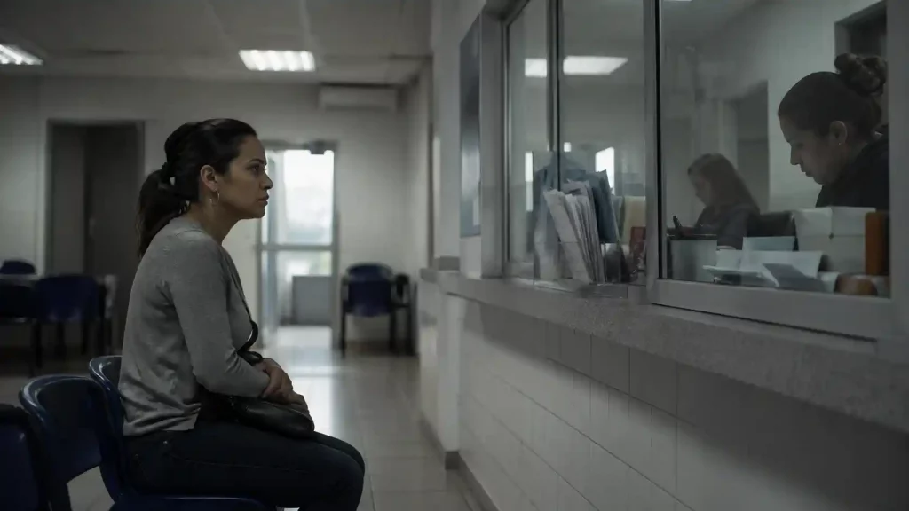 Sala de espera hospitalaria vacía que representa la discriminación institucional hacia trabajadoras sexuales