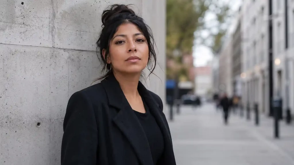 Mujer con expresión segura y directa, representando a una trabajadora sexual sin estigma