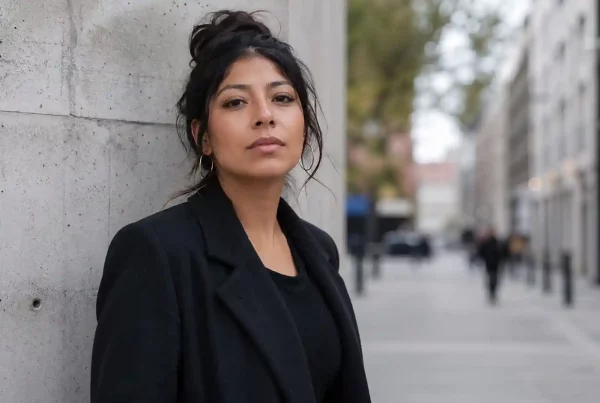 Mujer con expresión segura y directa, representando a una trabajadora sexual sin estigma