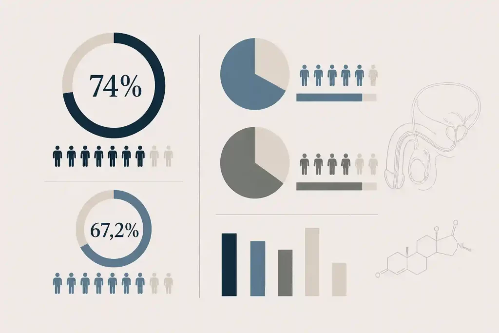 Infografía con datos del estudio Andrology 2025: el 74% de hombres sin eyaculación precoz cambian de postura antes de eyacular, frente al 67,2% del grupo con EP