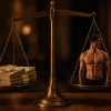 Balanza simbólica entre billetes y silueta corporal que ilustra qué valoran las mujeres en un hombre