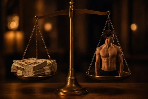 Balanza simbólica entre billetes y silueta corporal que ilustra qué valoran las mujeres en un hombre
