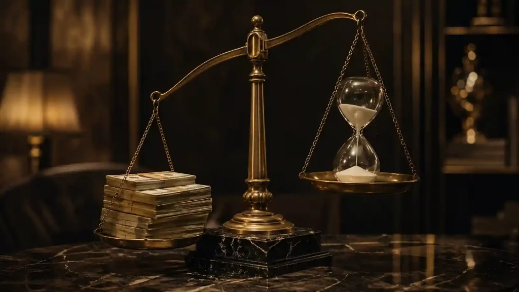 Balanza desequilibrada con billetes en un platillo y un reloj de arena en el otro, metáfora de la asimetría entre dinero y tiempo en el sugar dating