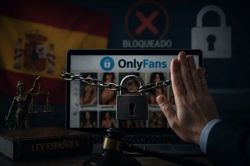 Censura del trabajo sexual digital en España — candado sobre pantalla representando el intento de prohibir OnlyFans y plataformas de contenido adulto