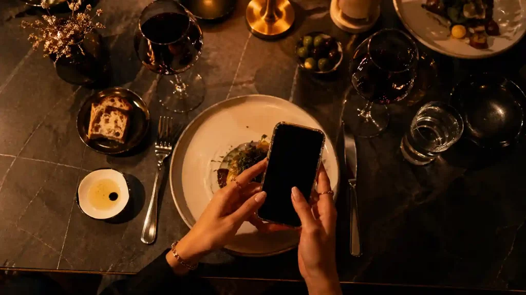 Sugar baby en cita de sugar dating en restaurante elegante en España revisando el móvil