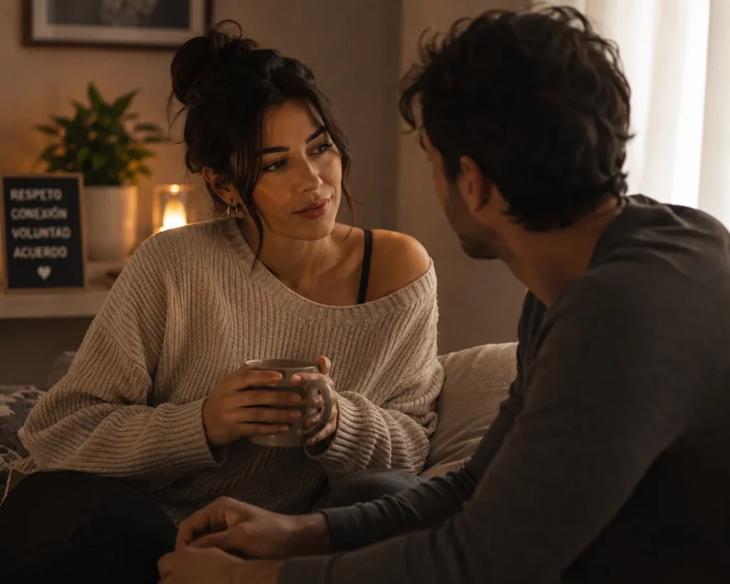 Acompañamiento emocional entre escort y cliente habitual representado en conversación íntima y cercana