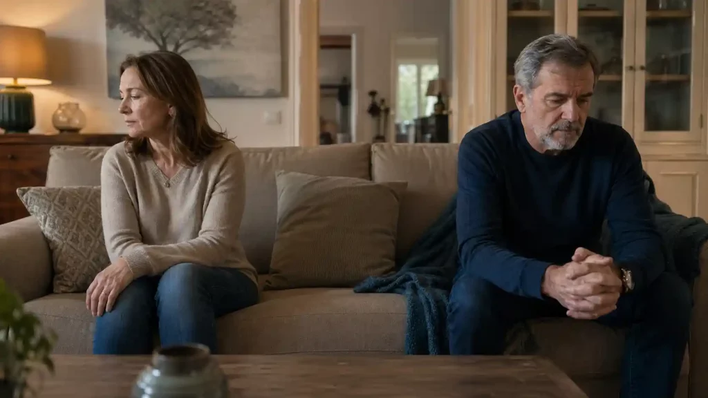 Pareja en silencio en el sofá representando el desgaste previo al divorcio en España