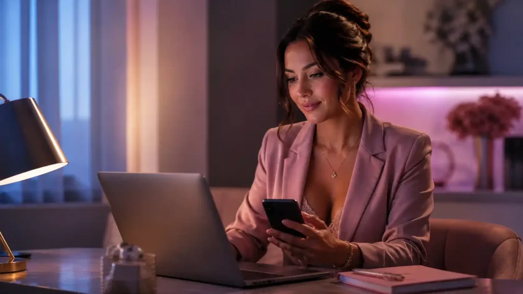 Mujer profesional usando portátil y móvil para vender contenido erótico sin censura en 2026