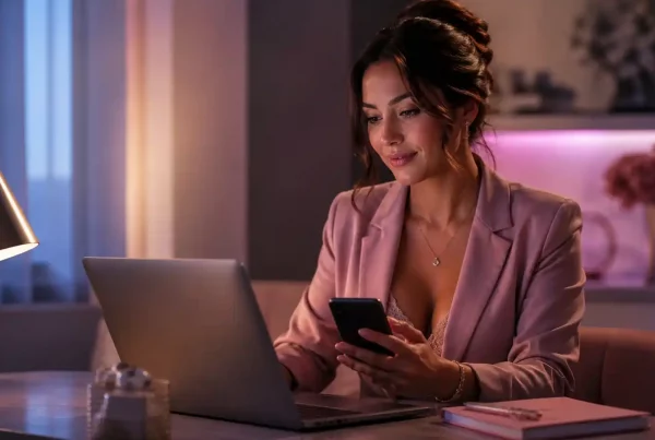 Mujer profesional usando portátil y móvil para vender contenido erótico sin censura en 2026