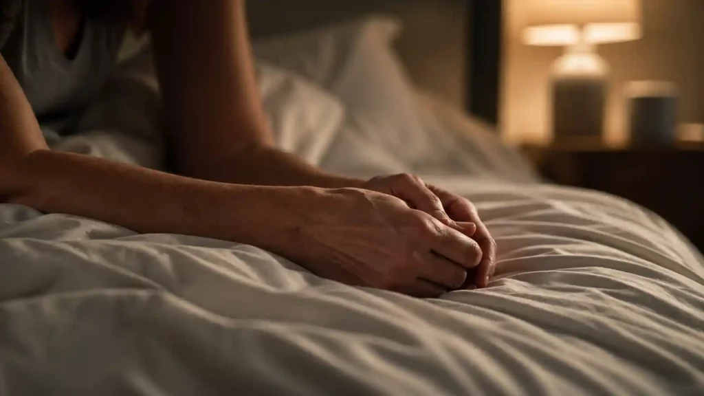 Manos de mujer sobre la cama representando la pérdida de deseo sexual en matrimonios de larga duración