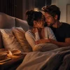Pareja adulta en una habitación íntima y elegante, representando confianza, comunicación sexual y adaptación de posturas para mejorar el placer.
