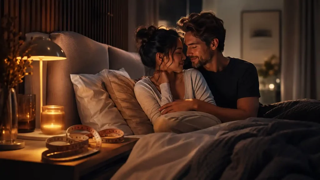 Pareja adulta en una habitación íntima y elegante, representando confianza, comunicación sexual y adaptación de posturas para mejorar el placer.