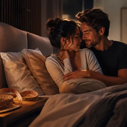 Pareja adulta en una habitación íntima y elegante, representando confianza, comunicación sexual y adaptación de posturas para mejorar el placer.