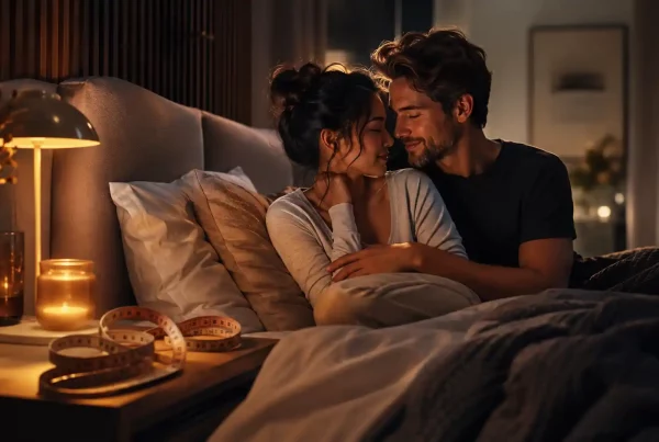Pareja adulta en una habitación íntima y elegante, representando confianza, comunicación sexual y adaptación de posturas para mejorar el placer.