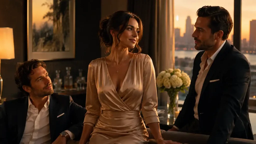 Roles en la dinámica hotwife: hotwife, stag y bull representados en una escena editorial elegante