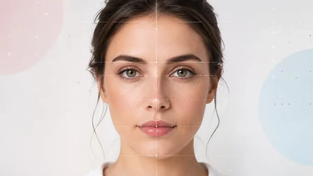 Simetría facial y atractivo: rostro femenino con líneas de análisis científico