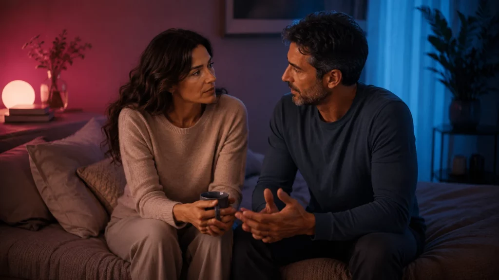 Pareja adulta hablando sobre sus diferencias de deseo sexual en un ambiente íntimo y tranquilo